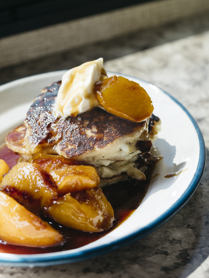 Mini Buttermilk Pancakes with Golden Peaches and Cream
