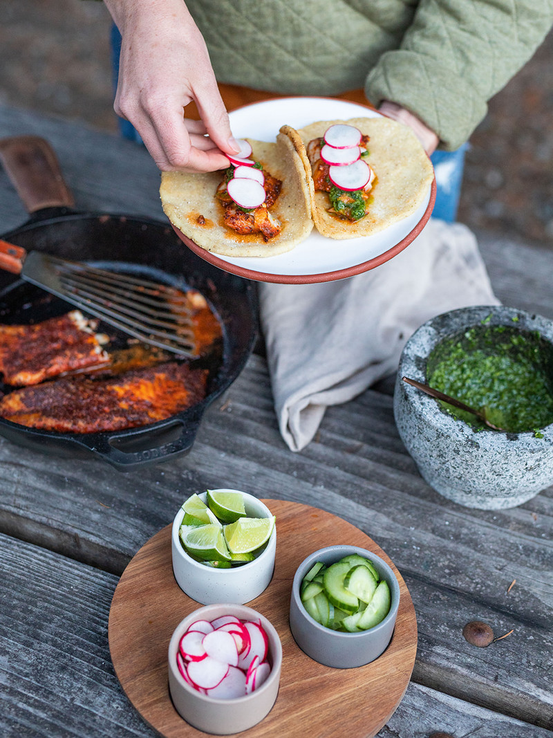<h1>Blackened Rockfish Tacos with Traditional Chimichurri and Fire Roasted Tortillas</h1>